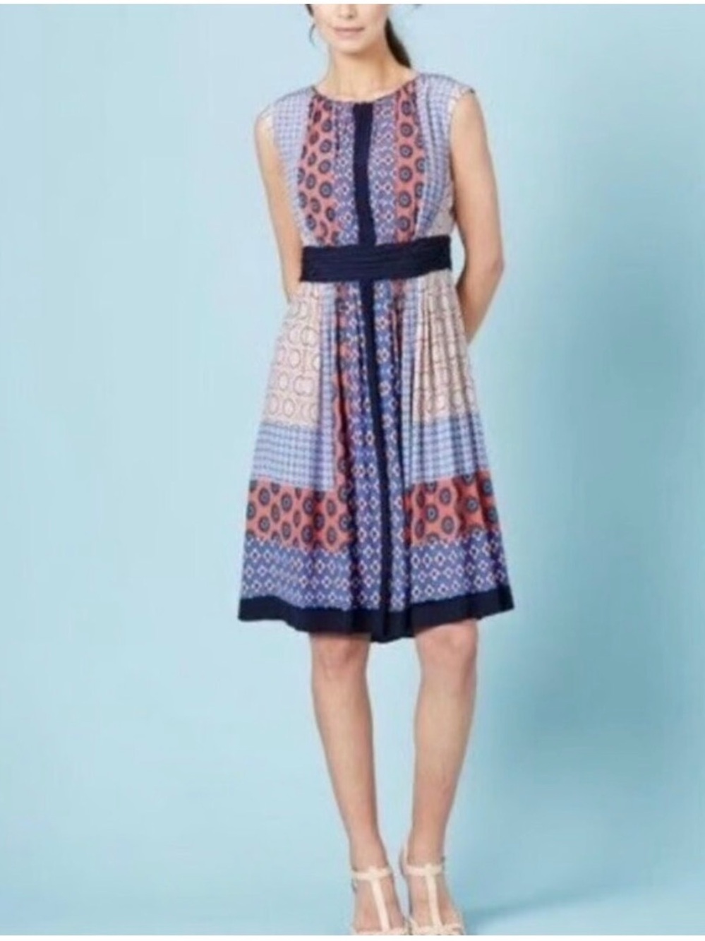 Boden Multicolor Patterned Midi Dress in Navy, Blue, Coral